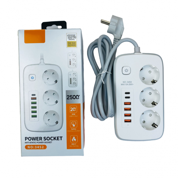Mains Filter Extension Cord 3 Sockets, 4 USB, 2 Type-C ,2 meters, Switch,White